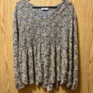 Sonoma Smocked Peasant Blouse 1X Floral Boho Babydoll Top Long Sleeve